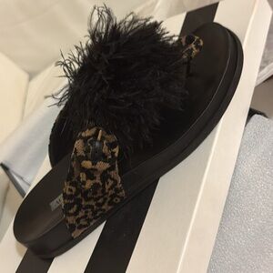 Leopard Print Sandals with Black Fur Accent
